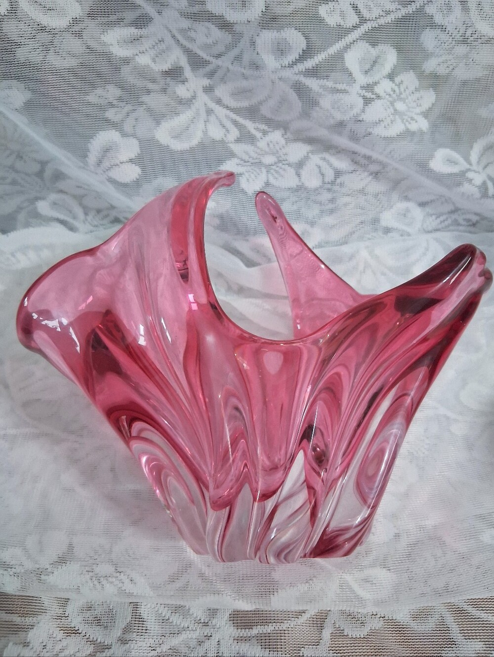 Vintage Bohemian Art Glass Basket Cranberry Clear Cased Glass Mid Century Czech - Picture 11 of 16